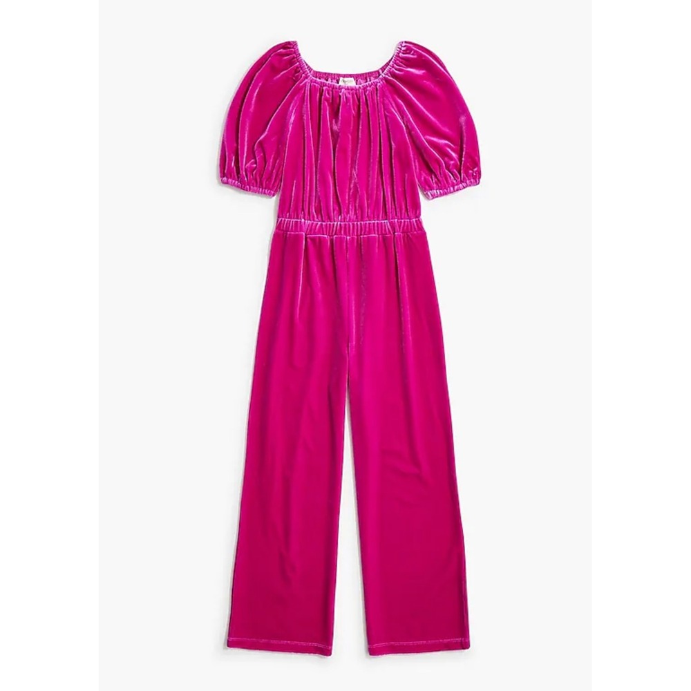 Crewcuts by J.Crew Velvet Jumpsuit Kids Size 3 Fuchsia Puff Sleeve Elastic Waist